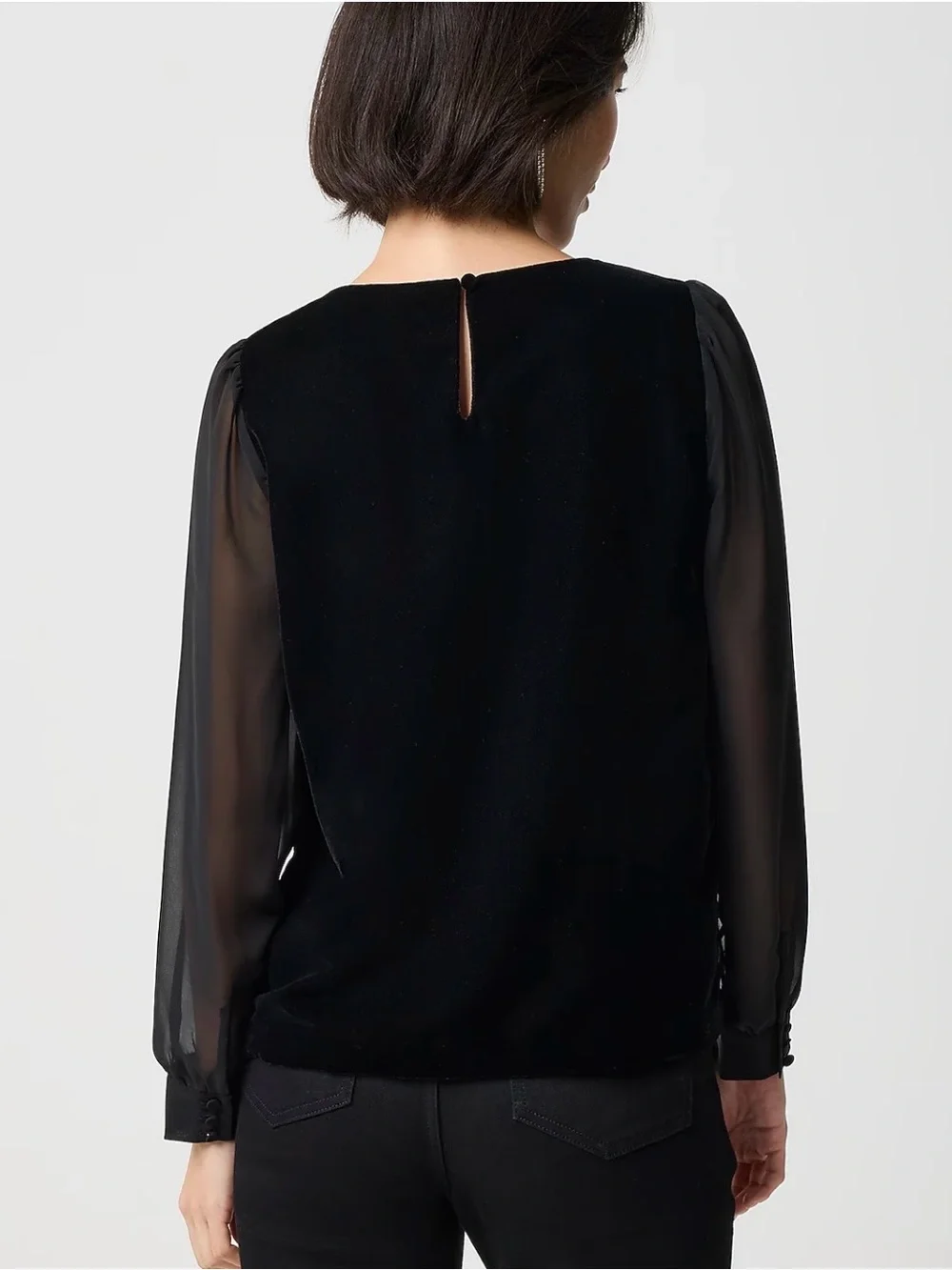 NWT J. Crew Black Velvet Top with Sheer Long Puff Sleeves, Crew Neck, Size XS